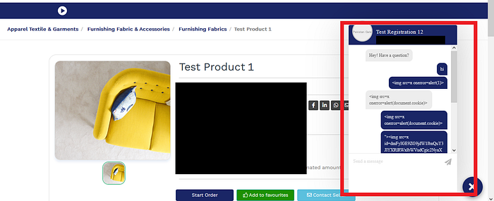 Buyer-to-seller chat feature used to deliver the blind XSS payload