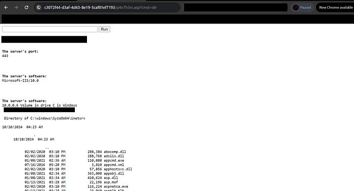 Uploaded ASP web shell executing commands on the server